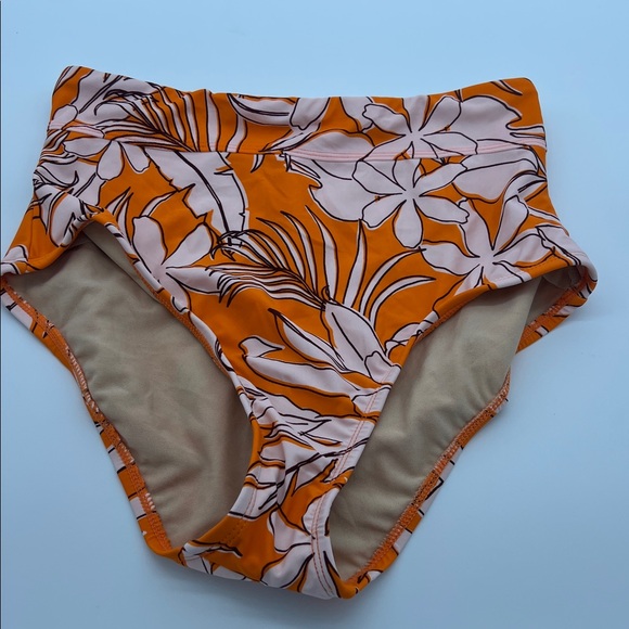 Full Coverage, Tummy Control, High Waist Orange and Pink Floral Bikini Bottom - Picture 5 of 7